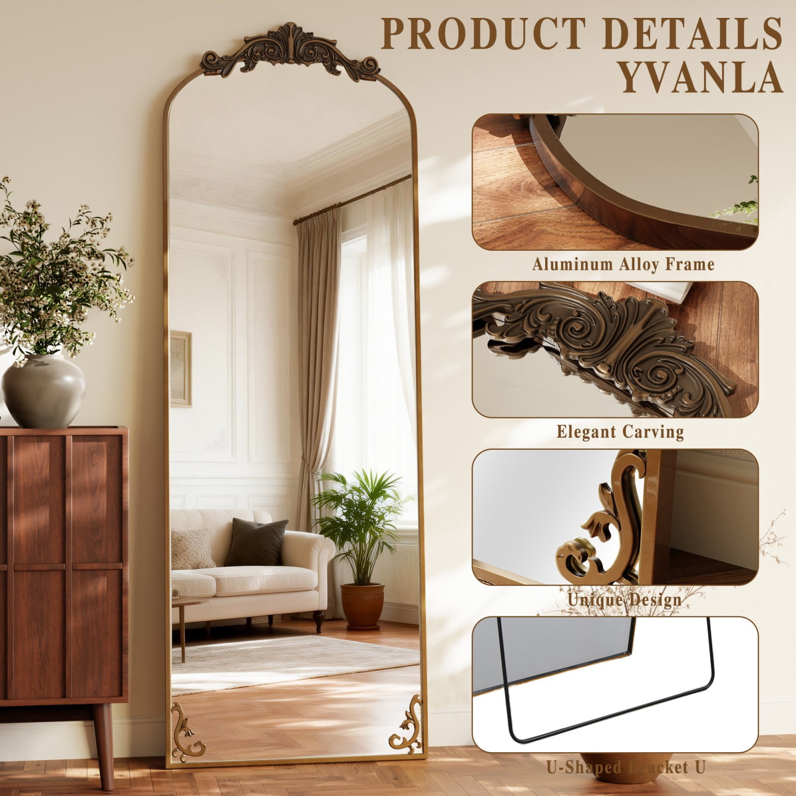 Mirstory 64"x 21" Full Length Mirror Vintage Arched Full Body Mirror with Carved Metal Frame, Antique Bronze