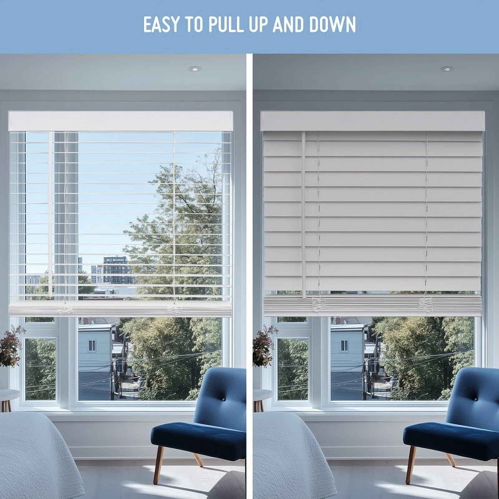 Keego 2 Inches Slat Faux Wood Blind with Valance Cordless Window Blinds for Home, Office, Bedroom, Kitchen (White, 60"W x 60"H)