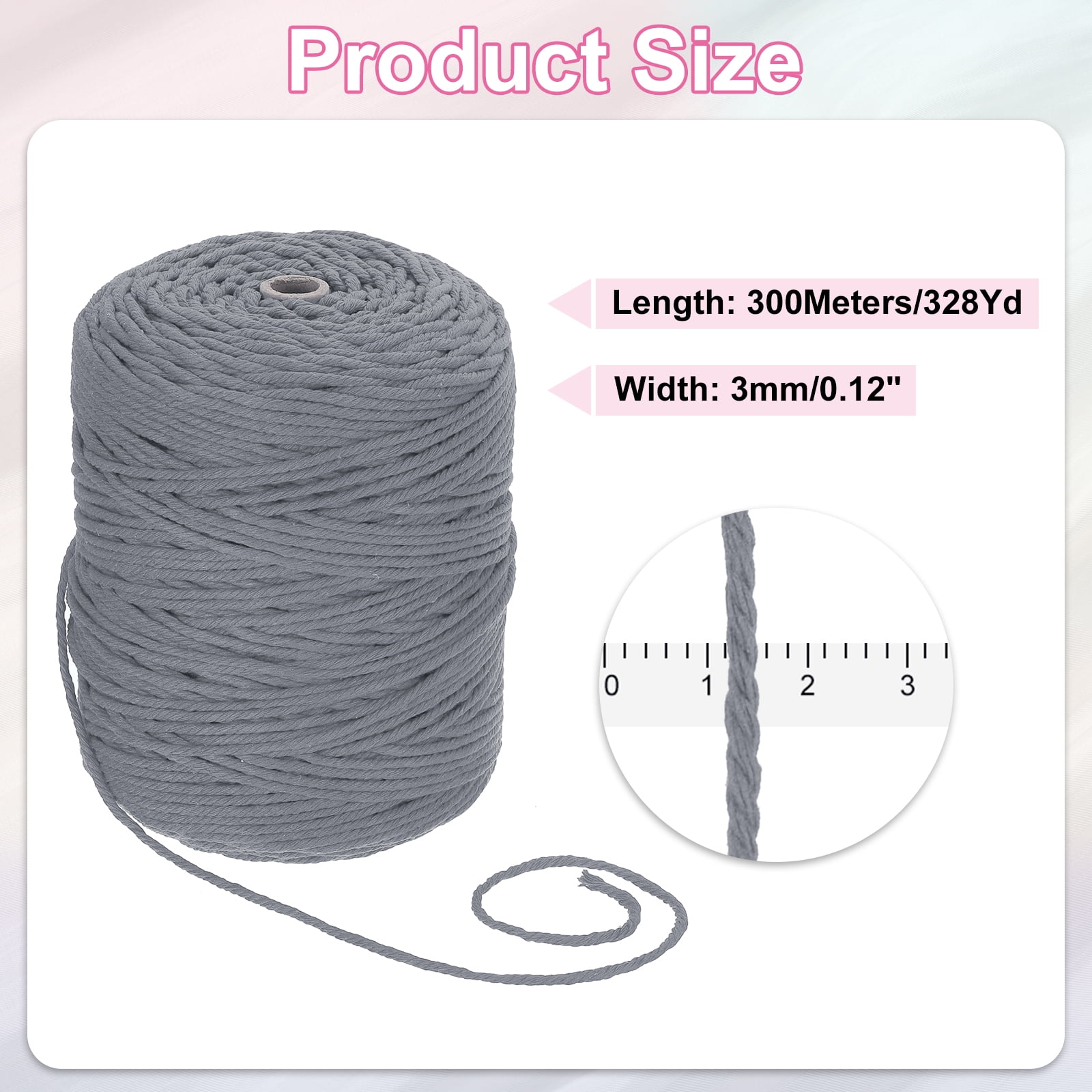 Uxcell Natural Macrame Cord 3mm x 328 Yards 4 Strand Twisted Cotton Macrame Rope for DIY Knitting Plant Wall Hanger Dreamcatcher, Deep Gray