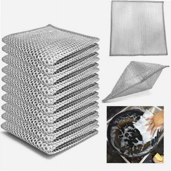 Double Layer Metal Wire Dishcloths - Scratch-Free, Wet & Dry Use for Kitchen, Cookware & Stove (10PCS)