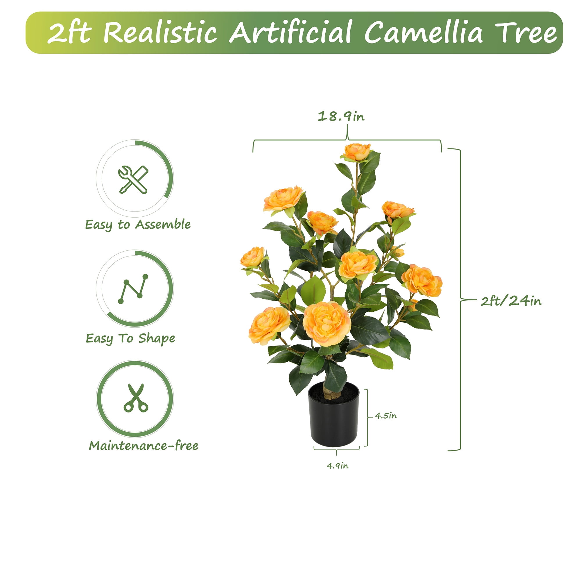 RosyHaven Full 2ft Artificial Camellia Tree with Realistic Orange Camellia Flowers, 24"Fake Camellia Tree, Faux Camellia Tree outdoor for Front Door Porch Patio Garden Yard Pool Room Decor,2Pack