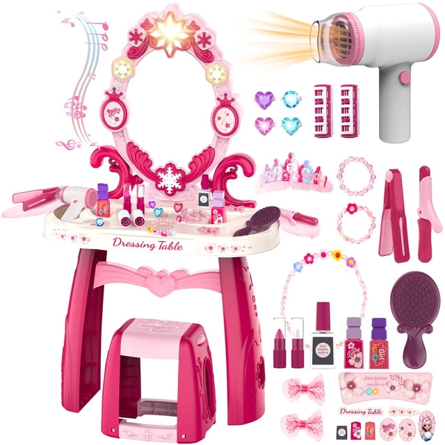 Mesa de maquillaje Surelect para niños pequeños con silla con espejo de 3 a 6 años