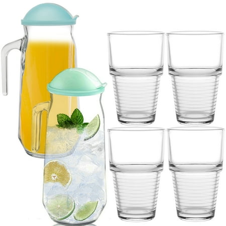 - Glasslock (6pc) 1.5L Water Pitcher & Lid 10oz Drinking Tumbler Glasses Serving Set