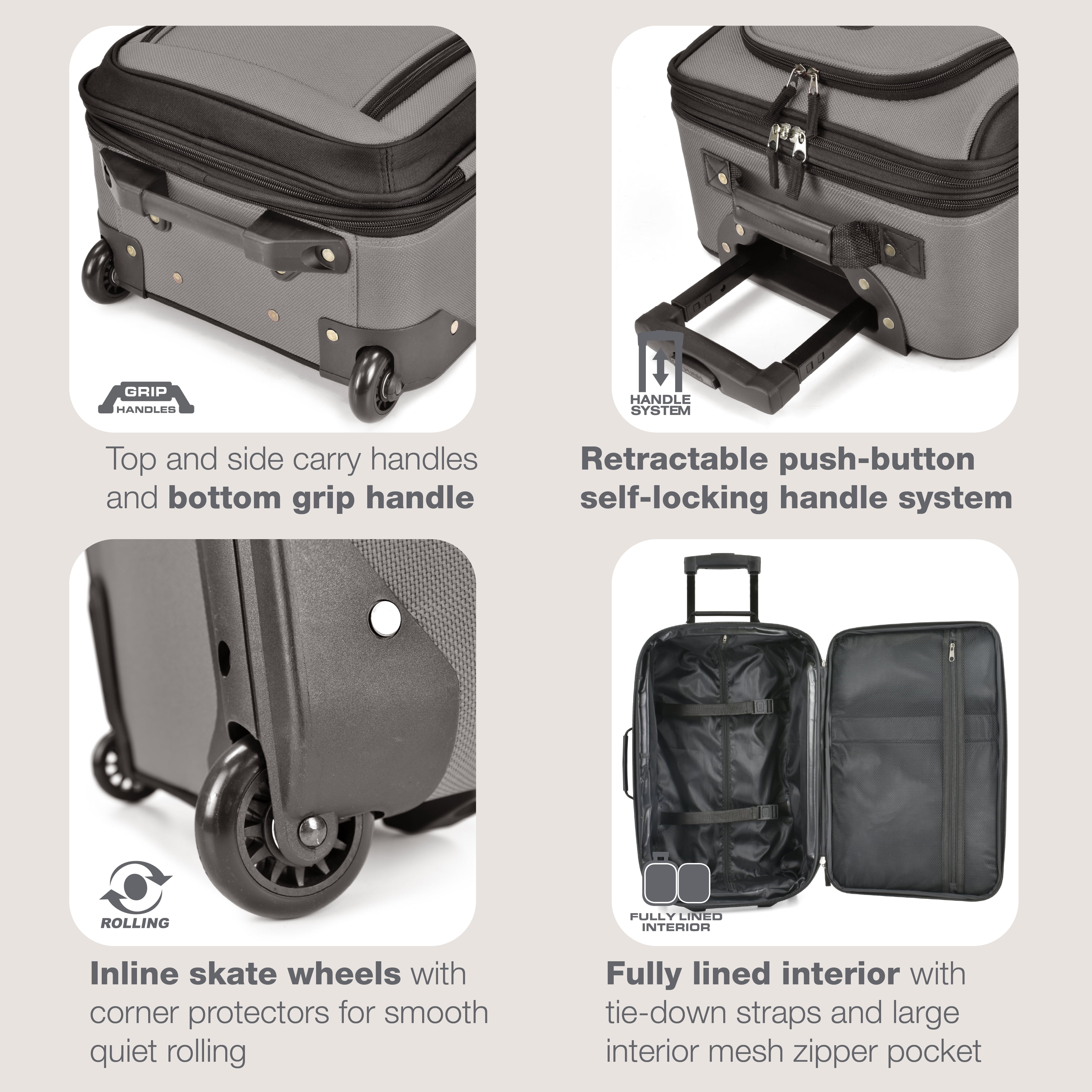 U.S. Traveler Rio Rugged Fabric Expandable Rolling Carry-on Luggage Set w/ Tote, Gray, 2-Piece (21/10)