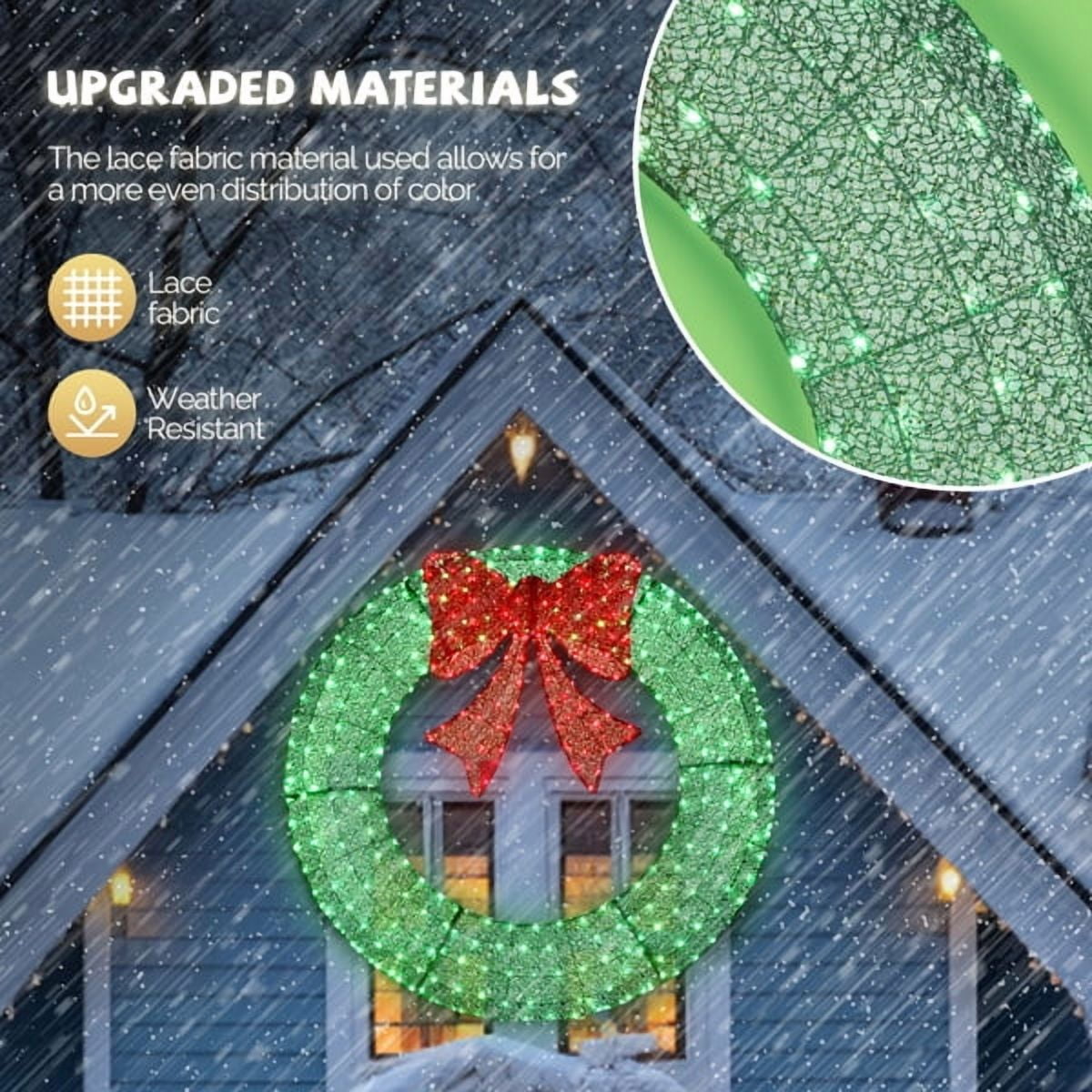 60in Pre-Lit Outdoor Christmas Wreath - 400 Warm White LED Lights, Green Foliage with Red Bow, Timer Remote Control, Weather-Resistant