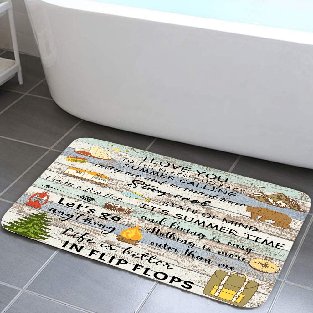 Happy Camper Bath Mat for Camper Trailer Camping Bathroom, Retro RV Camper Travel Trailers Non-Slip Doormat Bath Rug, Entrance Rug for Front Door Kitchen Floor Bath Tub Bedroom