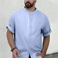 thumbnail image 2 of EHRWE Mens Shirts Male Summer Thin Linen Short Sleeve Shirt Male Casual Solid Color Linen Stand Collar Shirt Breathable Linen Top Hawaiian Vacation Clothes, 2 of 5