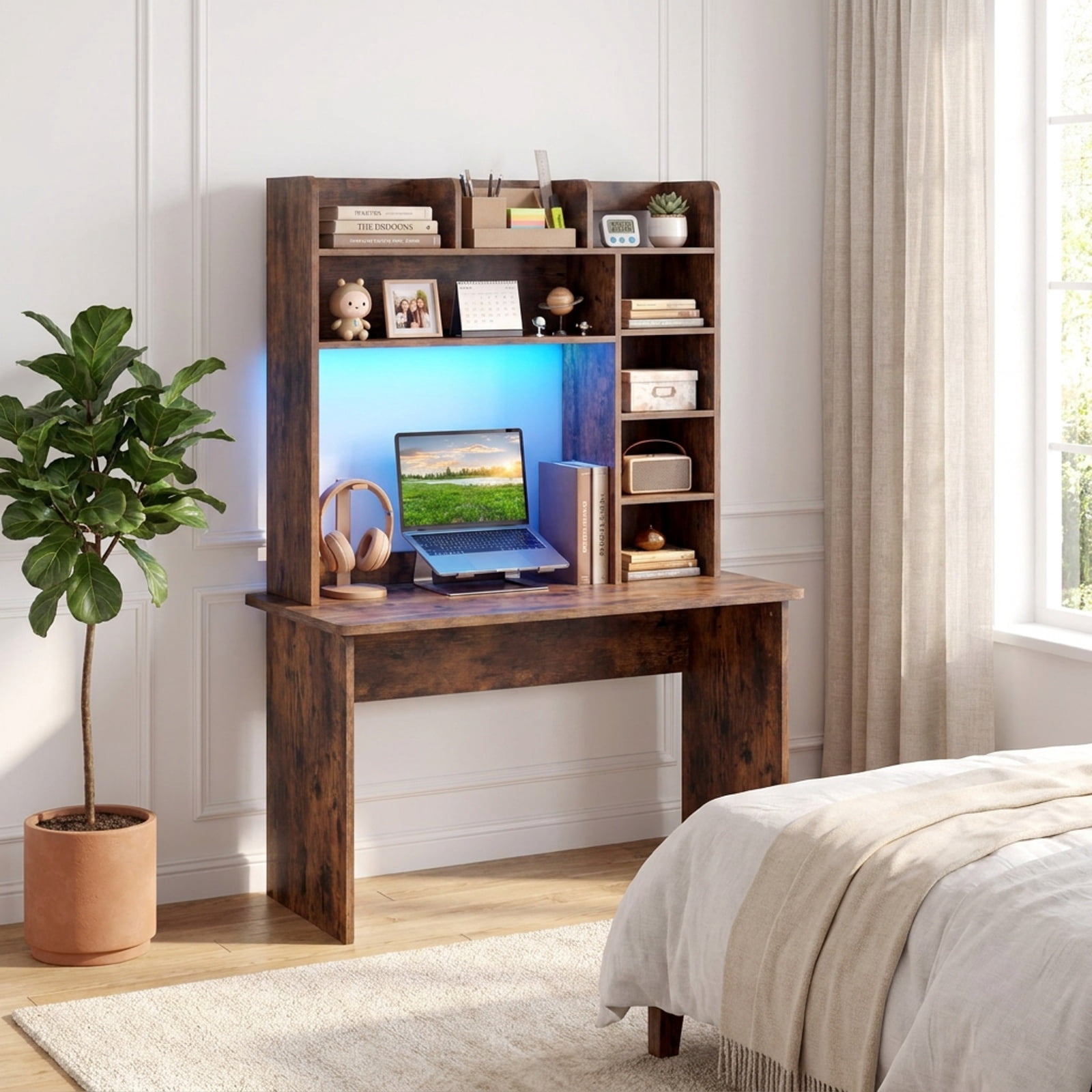 Furnibear Desktop Bookshelf with LED Lights 35.5 Inch Desk Hutch Storage Organizer with Adjustable Shelves and Remote, Rustic Brown