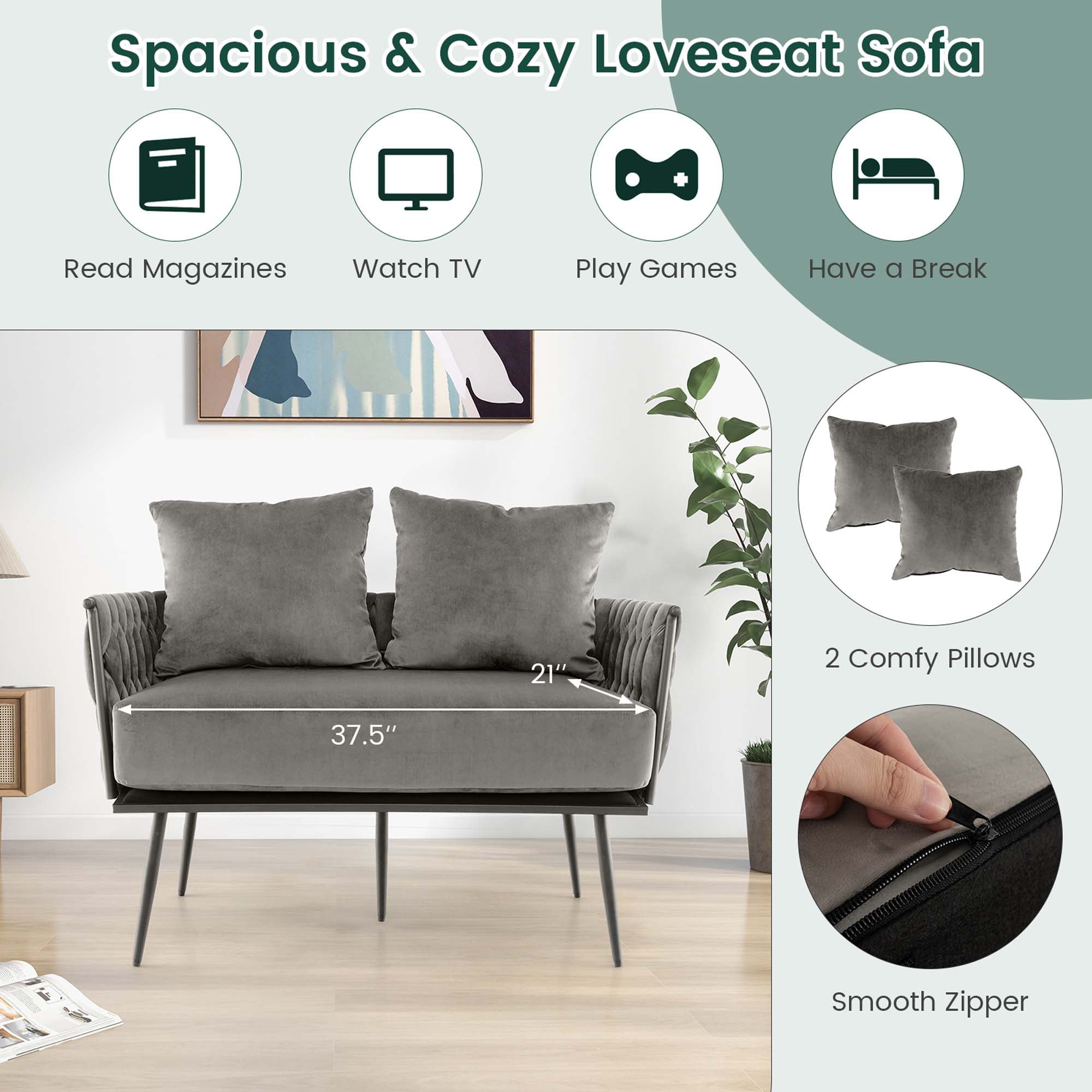 Costway Modern Loveseat Sofa Upholstered Dutch Velvet Couch with Woven Back & Arms Grey
