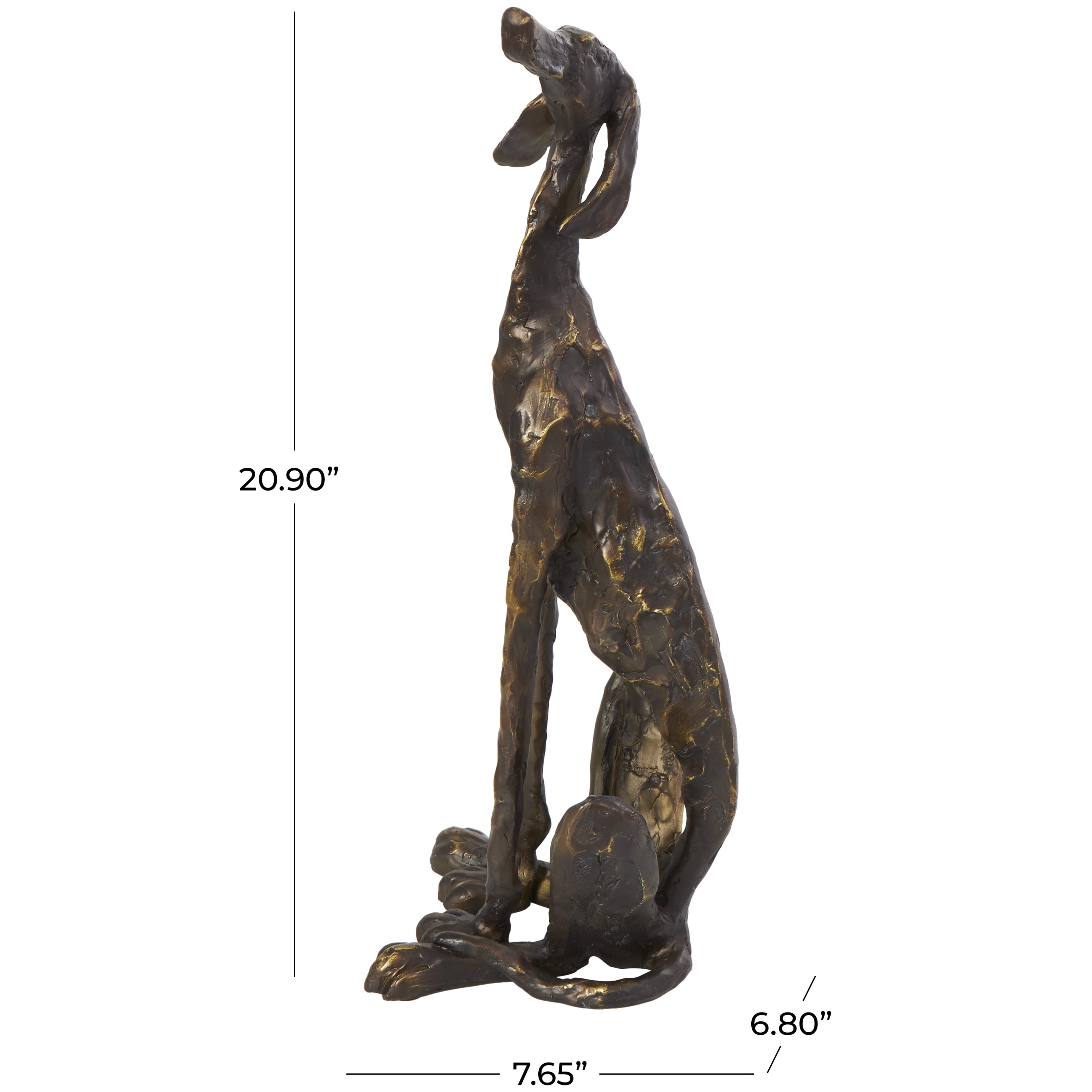 7" x 21" Bronze Polystone Distressed Slim Frame Dog Sculpture with Gold Accents, by DecMode