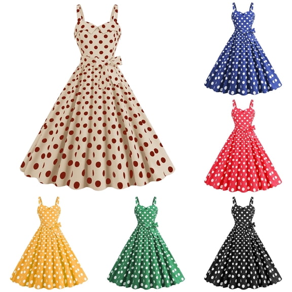 xfsWaSs Women's Vintage Dress Sleeveless Polka Dot Dress 1950S Party Swing Dresses Spaghetti Straps Wedding Guest Dresses for Women