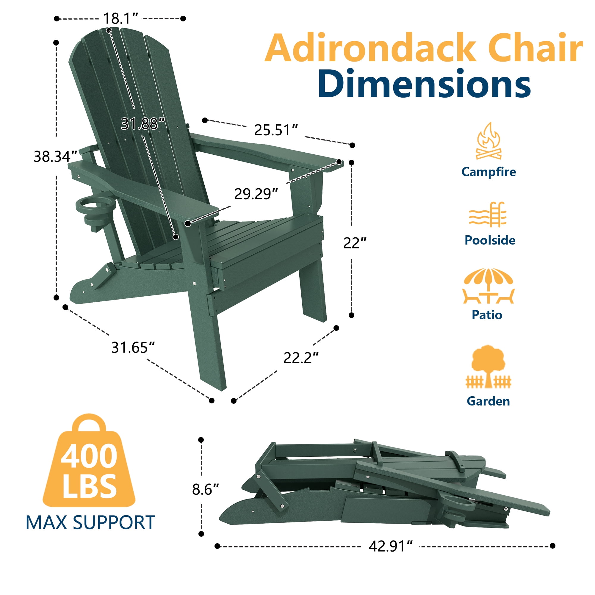 FOOWIN HDPE Folding Adirondack Chair with Cup Holder, Fire Pit Chairs Set of 2, Green