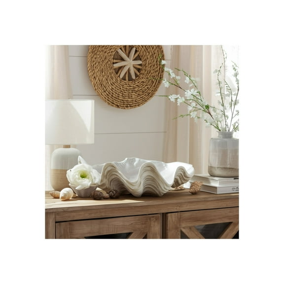 Decorative Bowl Resin Polyresin Wavy Shell Design Coastal Style for Home Office Bedroom Living Room Centerpiece Display - 5" Ivory & Tan