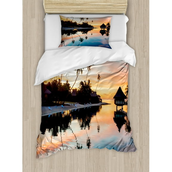 Tropical Duvet Cover Set, Tropical Sunset Moorea French Polynesia Reflection Resort Scenic Waterscape, Decorative 2 Piece Bedding Set with 1 Pillow Shams, Twin Size, Yellow Coral Blue, by Ambesonne