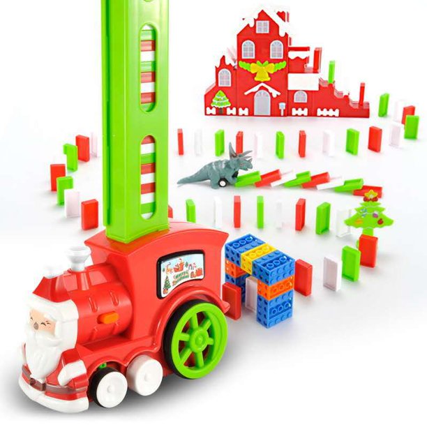 Juguete de tren de dominó navideño, trenes de música eléctricos de dominó automáticos, bloques de dominó apilados y casa de Papá Noel, juegos de tren de rally de dominó para niños a partir de 3 años R Kaili Sencillez