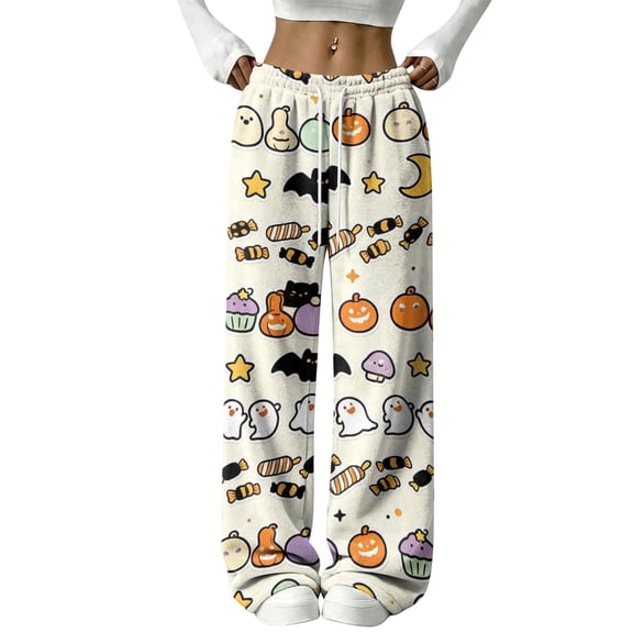 QWKLEAJ Halloween Pajama Pants Women Loose Fit Lounge Pants Pumpkin Cat Print Sleepwear Elastic Waist Casual Home Trousers Party Bottoms Long Pyjamas Comfy Loungewear Holiday Themed Nightwear