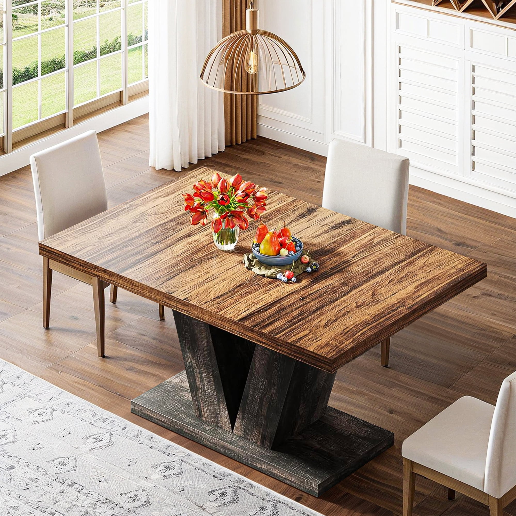 Demi Bonn 47" Farmhouse Dining Table, Wood Rectangular Kitchen Table with Duty Pedestal for Dining Room, Home Office, Living Room Furniture, Brown & Black