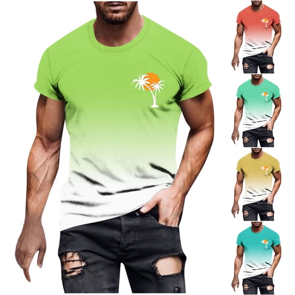 Hfnxid Mens Big and Tall Top Fashion Graphic Short Sleeve T-Shirt Slim Fit Gradient Crew Neck Tee Summer Classic Breathable Tropical Print Printed Shirts Sky Blue XXXXL
