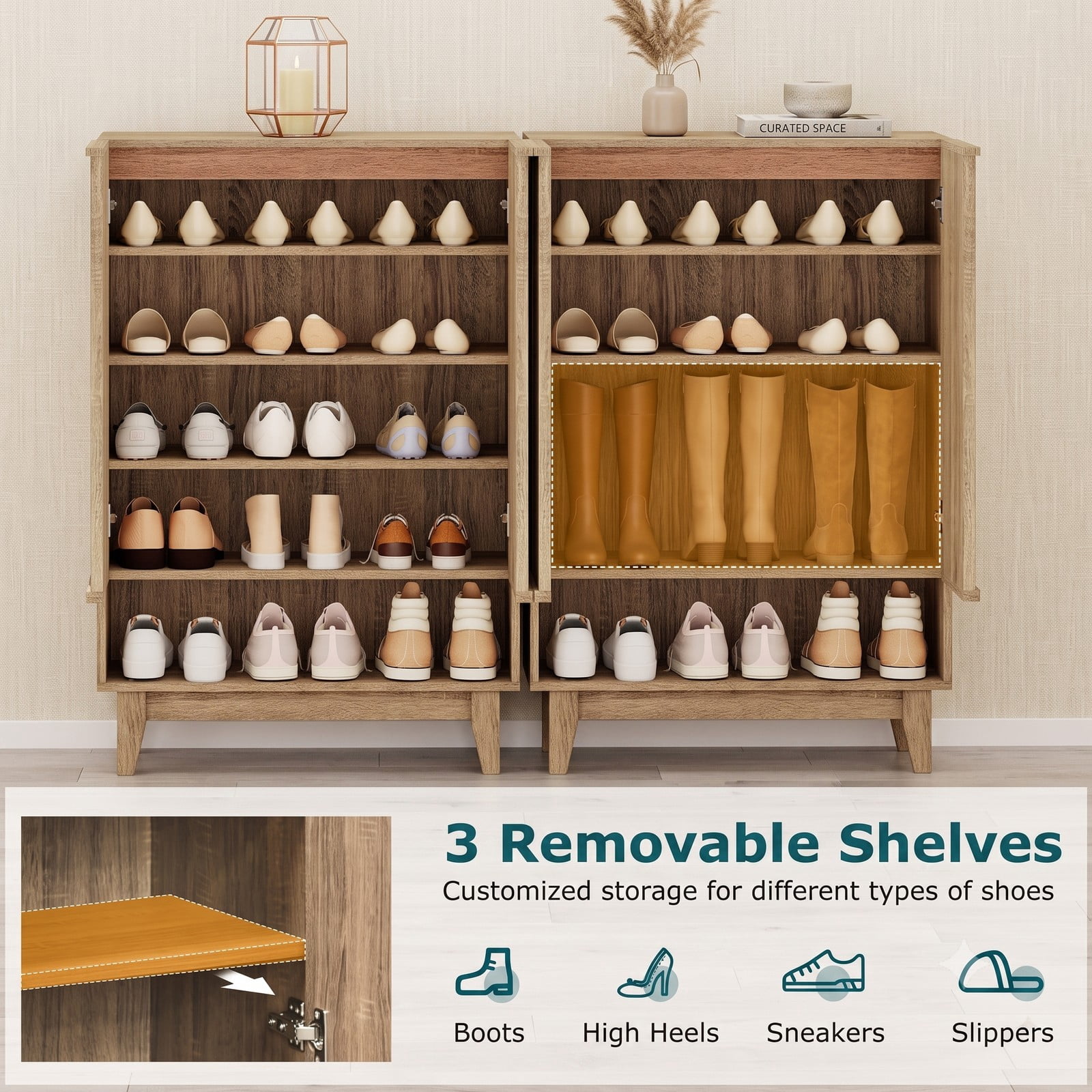 Furnibear 6-Tier Shoe Storage Organizer Cabinet with Louvered Door and 3 Removable Shelves for Entryway and Hallway Use, Rustic Oak