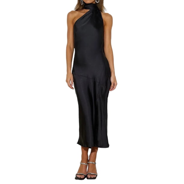 Vestidos de Fiesta Elegantes con cuello Halter para mujer vestido de fiesta de satén con espalda descubierta y abertura Cgtredaw Negro T XL para Mujer