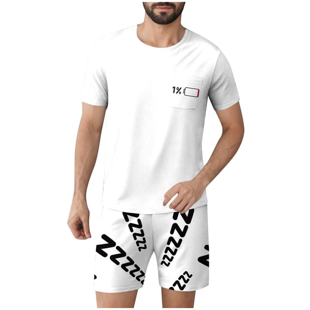 Ensembles de Pyjamas 2 Pcs pour Hommes Ultra Doux Texturés Costumes Athlétiques Extensibles Col Rond Manches Courtes Chemises Athlétiques Extensibles Séchage Rapide Vêtements de Détente Shorts Ensembles d'Été Hommes 2 Pcs Chemise de Nuit