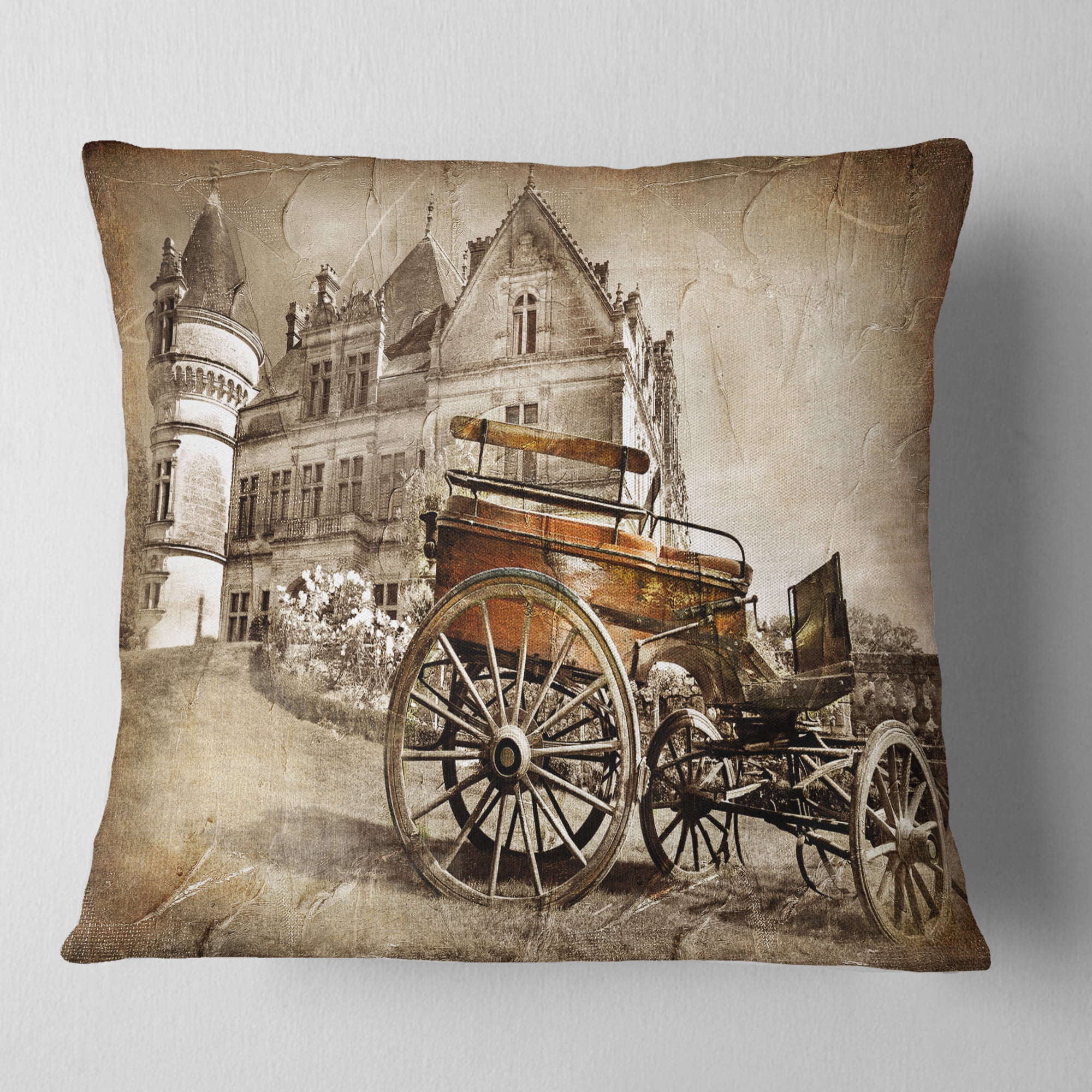 Designart Medieval Castle with Carriage - Contemporary Throw Pillow - 16x16