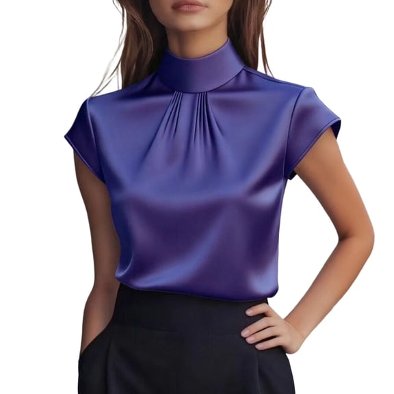 Womens Tops Under $10 Silk Blouses for Women Casual Short Sleeve Shirt Mock Neck Elegant Pleated Silk Shirts Dressy Business Office Work Tops Purple L