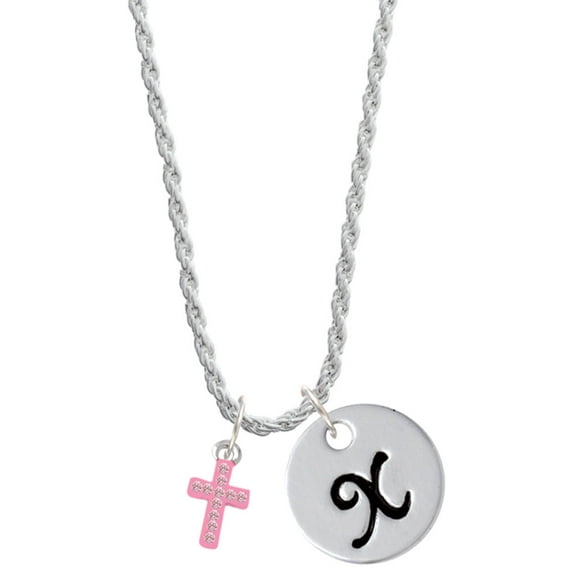 Delight Jewelry Silvertone Small Pink Crystal Cross Silvertone Script Initial Disc - X - Charm Necklace, 20"+3"