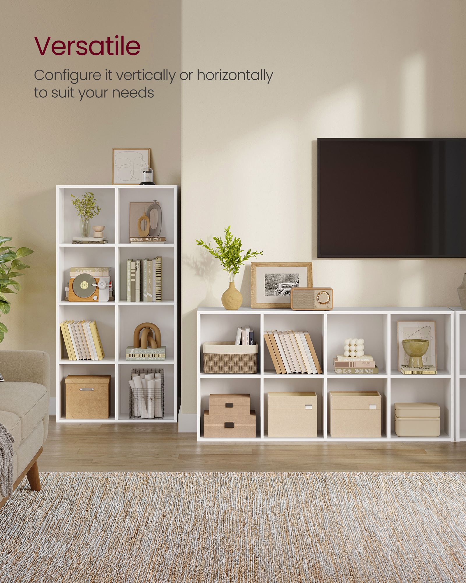 8-Cube Storage Shelf, Modern Bookcase Organizer, 51" Tall Multi-Functional Shelf for Living Room/Office, Easy Assembly, Cloud White