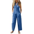 thumbnail image 2 of Women's Soft Cotton Mid Waisted Drawstring Jumpsuit with Pockets, Loose Fit Solid Color Casual Playwear, Elastic Waist Lounge Pajamas for Home or | VerBelle,Blue L, 2 of 7