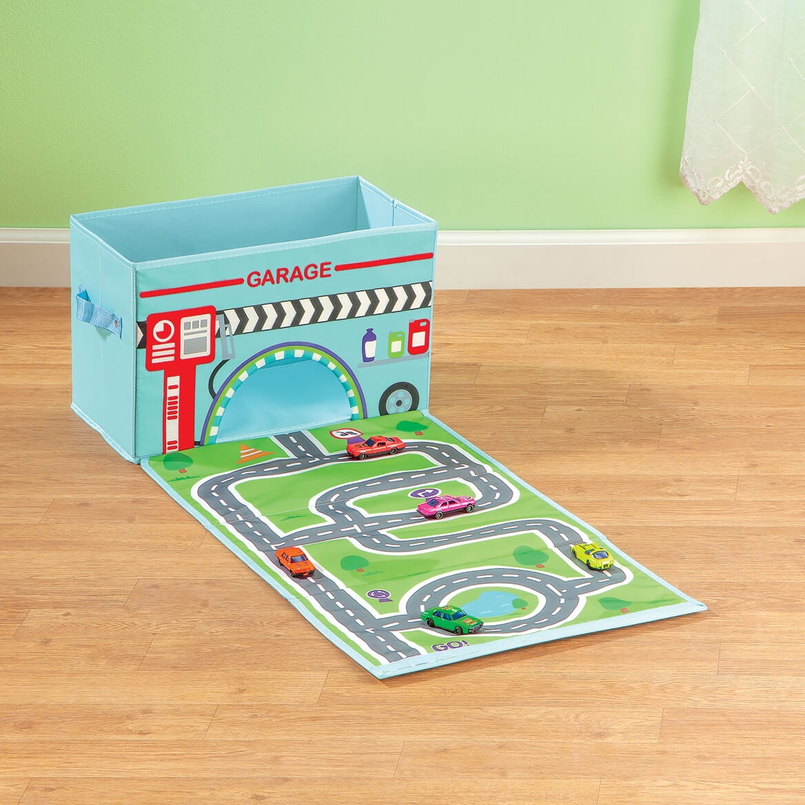 Foldover Toy Box with Play Mat, Blue Garage