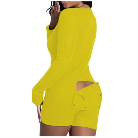 

YUEHAO Pajamas For Women Women s Button-down Functional Buttoned Flap Adults Jumpsuit (Yellow)