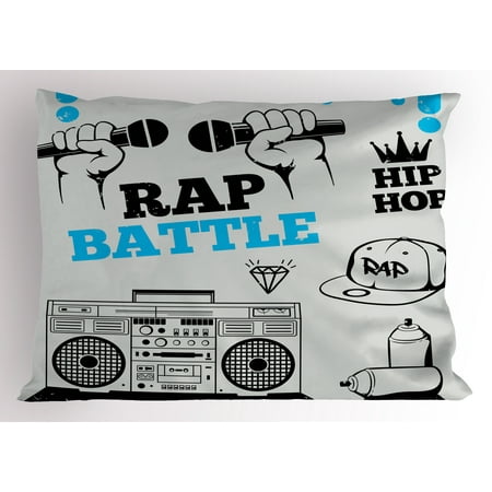 Hip Hop Pillow Sham Hip Hop Elements Freestyle Rap Duel with Microphones Theme, Decorative Standard Queen Size Printed Pillowcase, 30 X 20 Inches, Azure Blue Black and Pale Grey, by