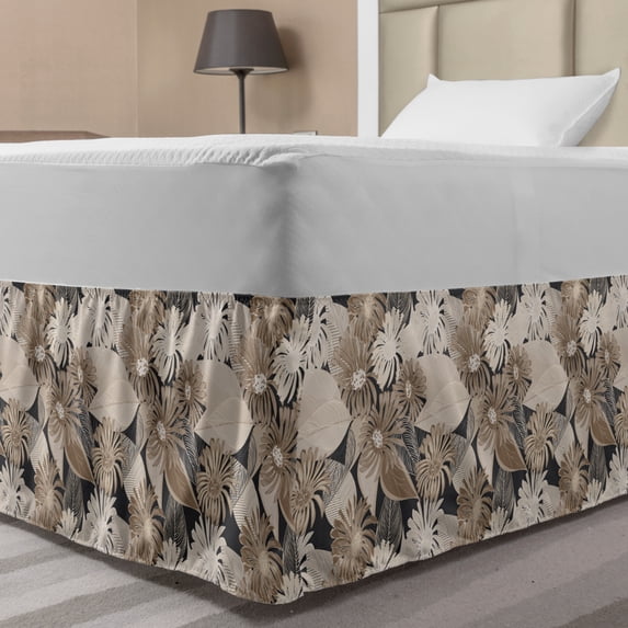 Floral Bed Skirt, Vintage Plant Arrangement with Soft Colors Faded Foliage Leaves Natural Vegetation, Elastic Bedskirt Dust Ruffle Wrap Around for Bedding Decor, 4 Sizes, Tan Black, by Ambesonne