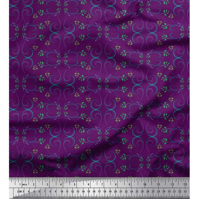 Soimoi Purple Velvet Fabric Leaves & Filigree Damask Decor Fabric Printed Yard 58 Inch Wide