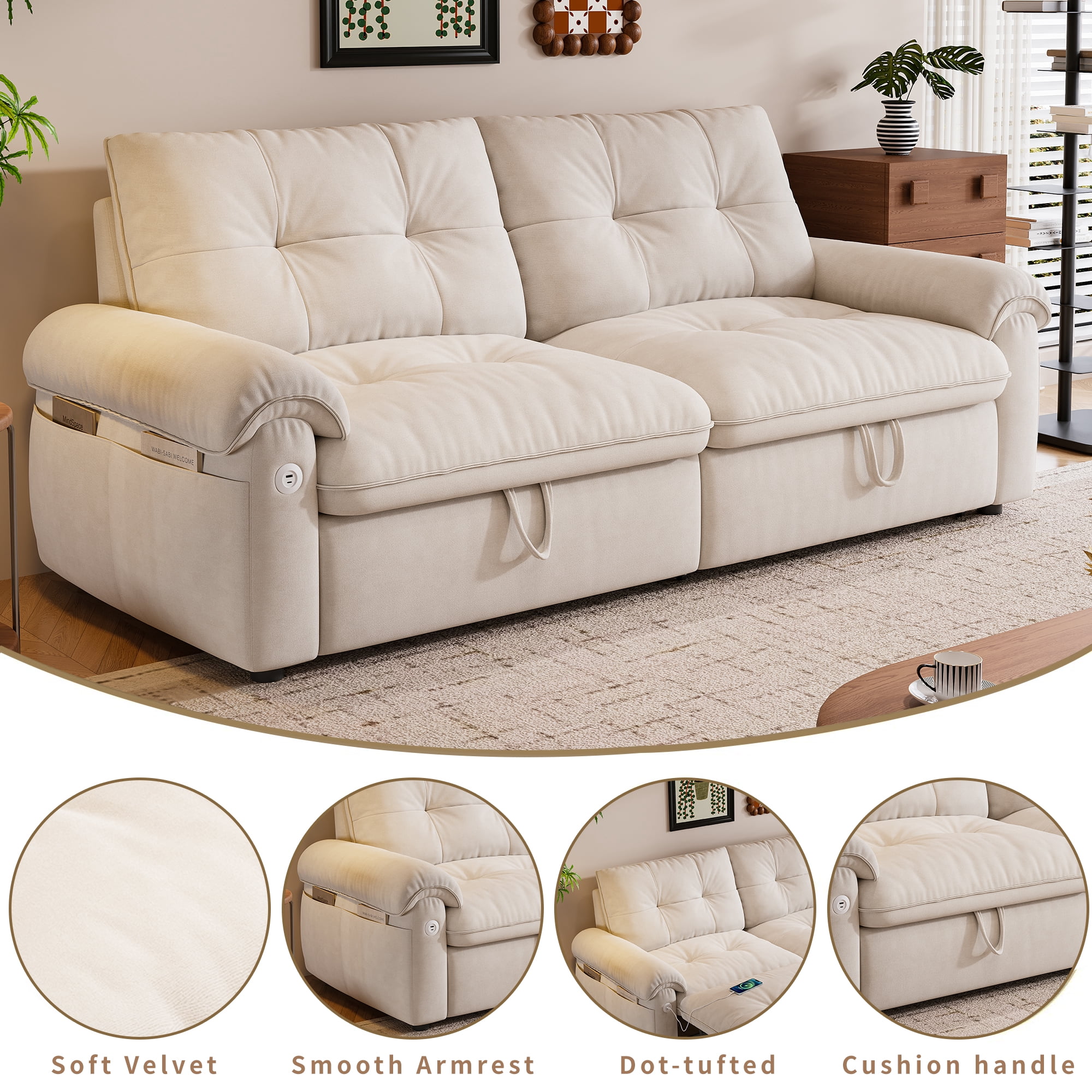 LLappuil 77" Pull Out Sofa Bed Queen Size, Loveseat Sofa Convertible Sleeper Sofa Bed, Flannelette Fabric Sofa Couch for Living Room Beige