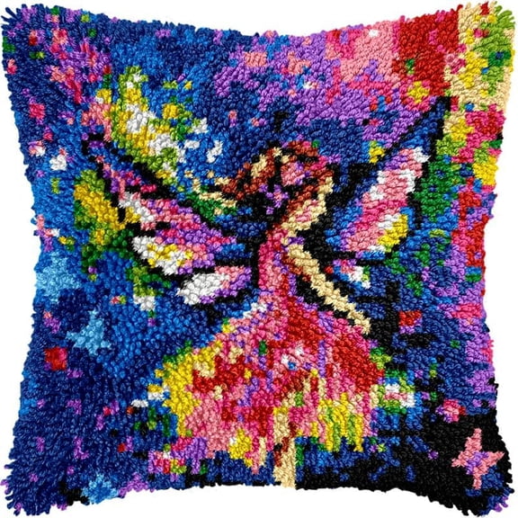 Butterfly Fairy Girl Latch Hook Kits Pillow DIY Rug Crochet Hook Cushion Making Kits Printed Pattern Canvas Pillowcase Hooking Kits Pillow Cover Crochet Kits 43x43cm(fs222)