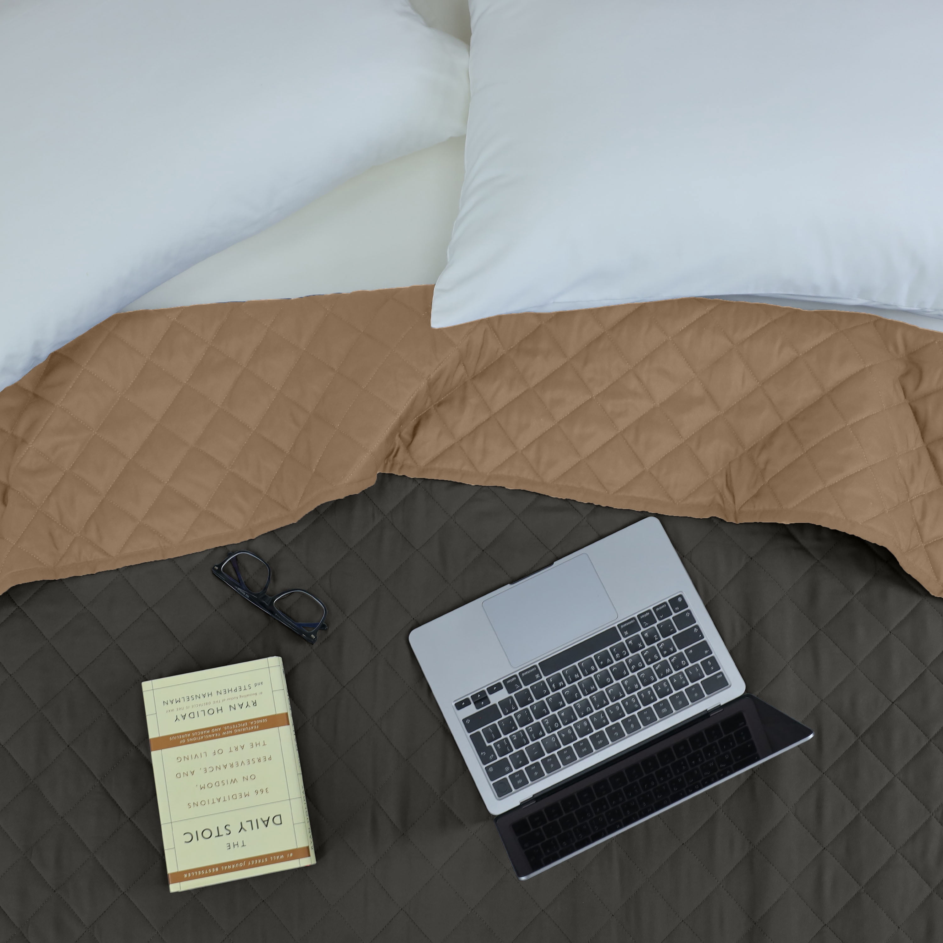 Martex Full/Queen Reversible Coverlet | Lightweight Soft Easy Care Quilt | Graphite/Khaki