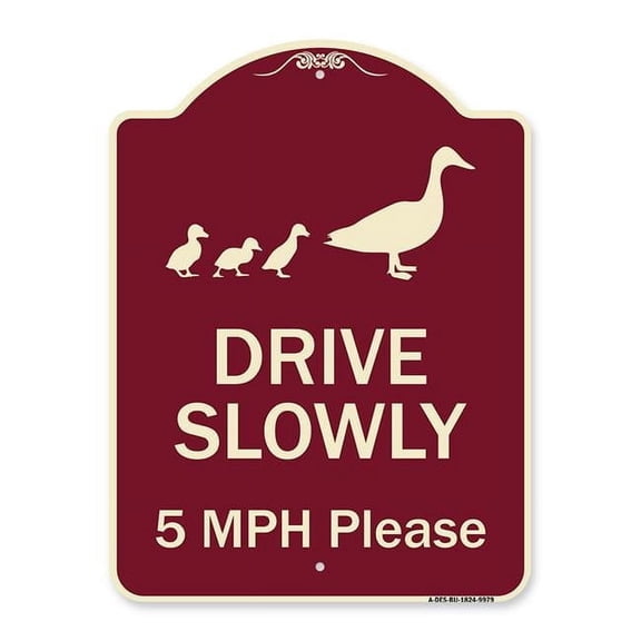 SignMission Designer Series Sign - Drive Slowly 5 Mph Please With Duck And Ducklings Walking Graphic Burgundy 18" X 24" Heavy-Gauge Aluminum Architectural Sign Protect Your Business