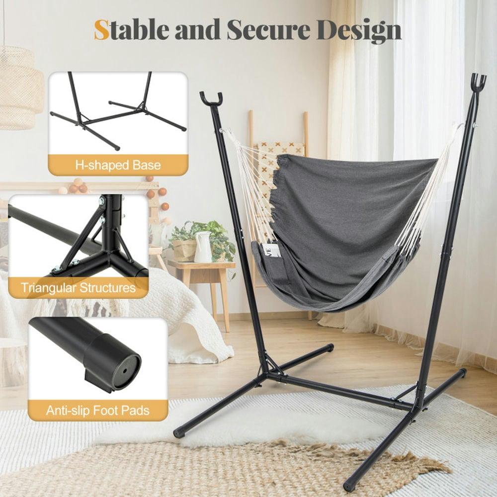 Demifill Hammock Chair with Stand 6-Position Adjustable Height and Side Pocket, Hammock Patio Furniture, Gray