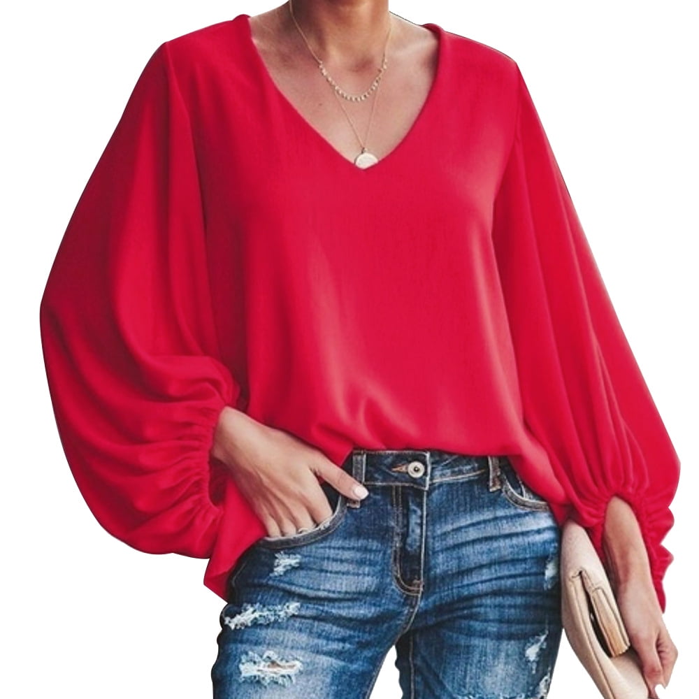 Womens Balloon Sleeve Blouses Ladies V-neck Casual Fashion T-Shirts Pullover Top