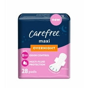 CAREFREE Overnight Pads with Wings, 28 Count,  Absorbs 30% More, Multi-Fluid Absorption, Comfortably Dry For Up To 10 Hours