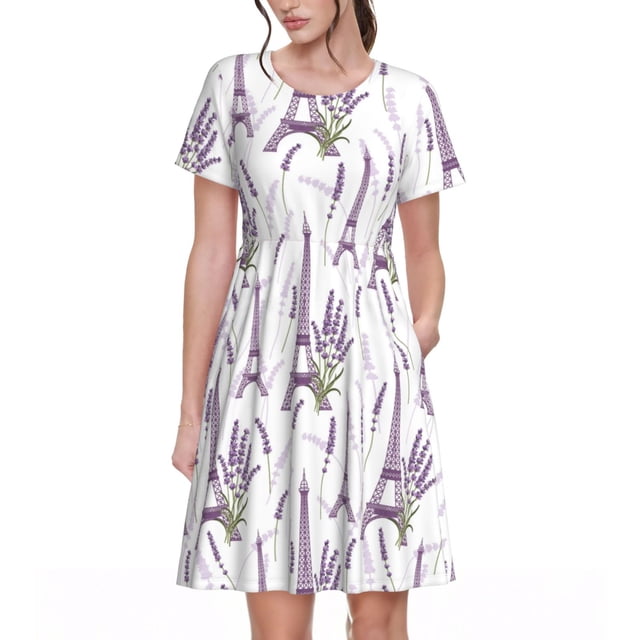 Easygdp Lavender Flowers para Vestido Transpirable de Mujer, Vestido Suelto de Manga Corta con Pliegues y Bolsillos para el Verano