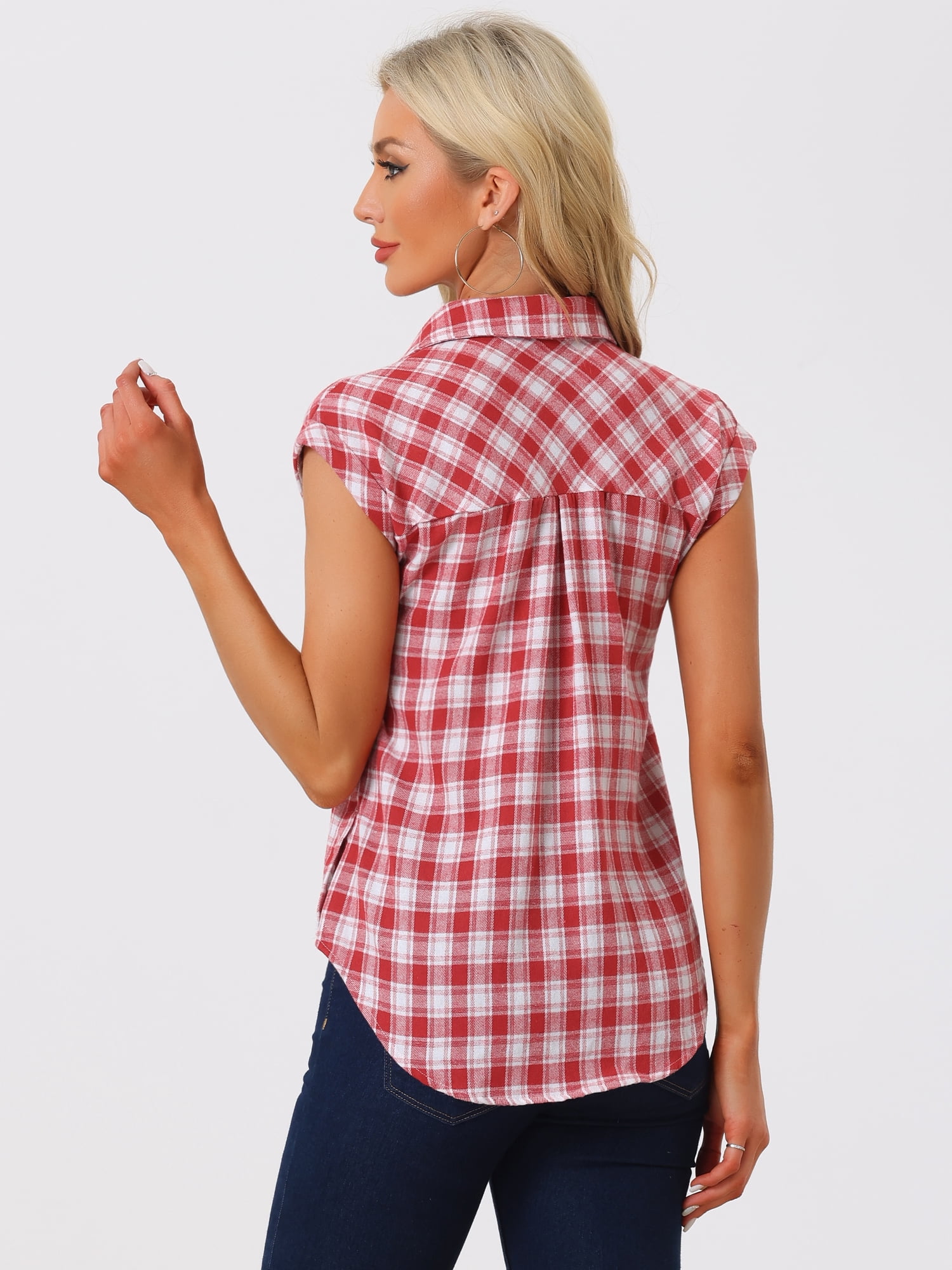 DARING DIVA Women's Summer Plaid Short Sleeves Button Down Shirts XL Red Plaid