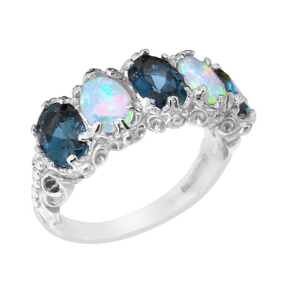 LBG British Made 925 Sterling Silver Natural London Blue Topaz & Opal Womens Eternity Ring - 33 size options - Size 10