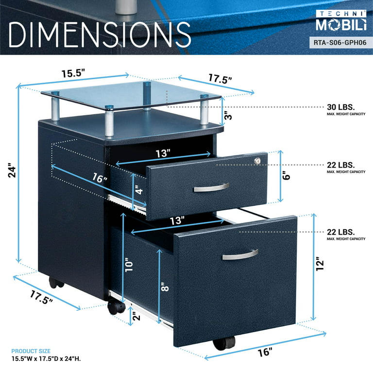 Rolling Two Drawer Vertical Filing Cabinet with Lock and Storage - Techni  Mobili