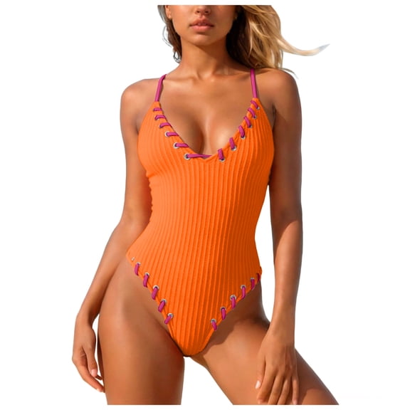 GEWSEY Women's Criss Cross One Piece Swimsuits V Neck Binding Ribbed Swimwear High Cut Bathing Suit (Orange, S)