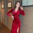 thumbnail image 5 of Aosijia Womens Split Bodycon Dress Sexy Wrap V Neck Long Sleeve Ruched Cocktail Party A-line Dress Red M, 5 of 11