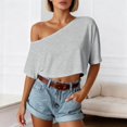 thumbnail image 4 of DHFJKG Womens Summer One Shoulder T Shirt Fashion Solid Color Cropped Tee Short Sleeve Cute Y2K Clothes Comfy Tops, 4 of 5