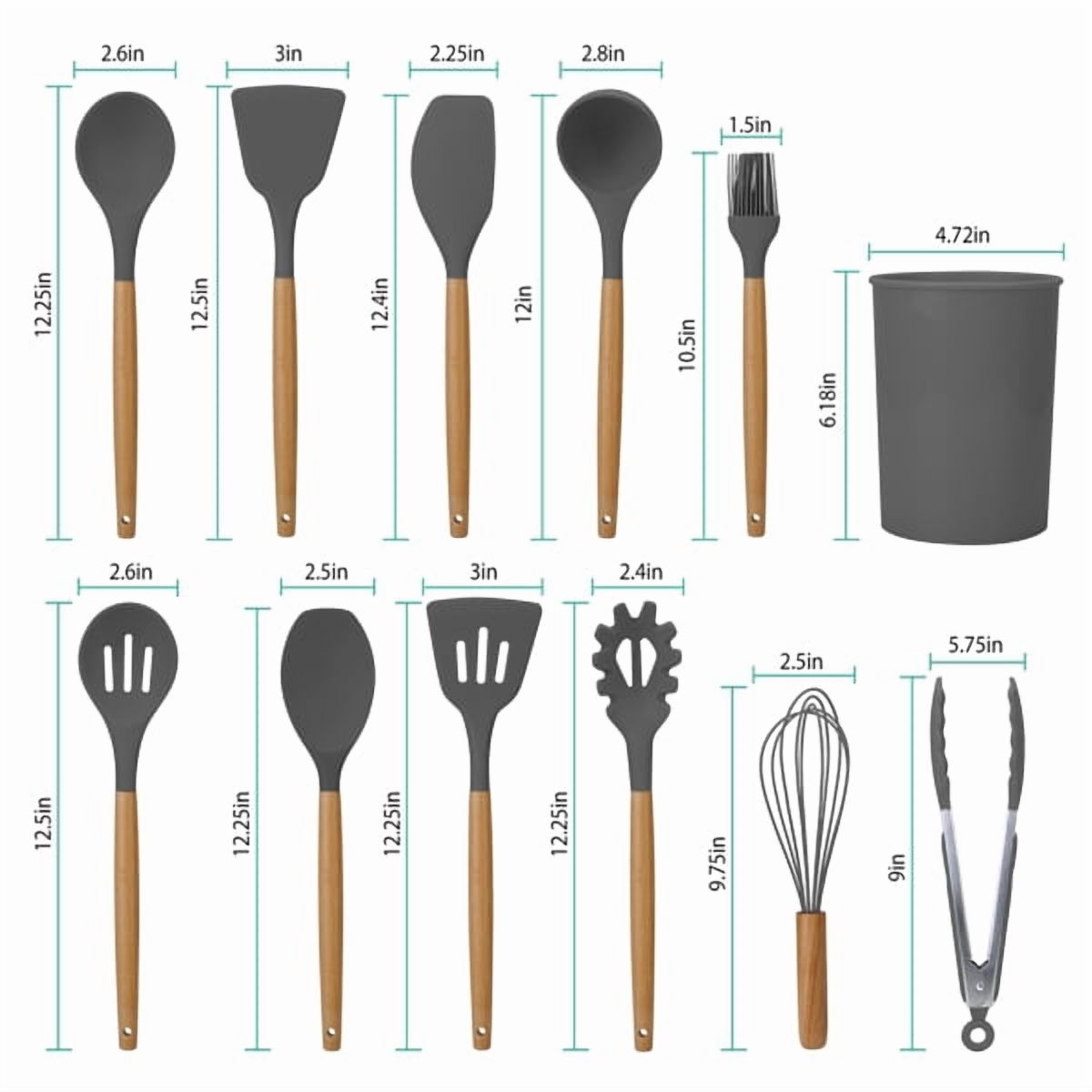 11Pcs Silicone Cooking Utensil Set Heat Resist Wooden Handle Silicone Spatula Ladle Spaghetti Server Tongs Spoon Egg whisk Kitchenware Set w/ Holder Grey